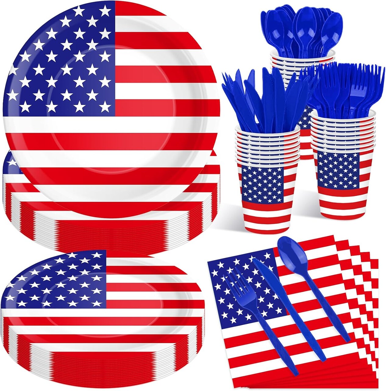 175 PCS USA Flag Party Tableware Set – Plates, Cups, Napkins, Utensils for 25 Guests – 4th of July & Patriotic Events